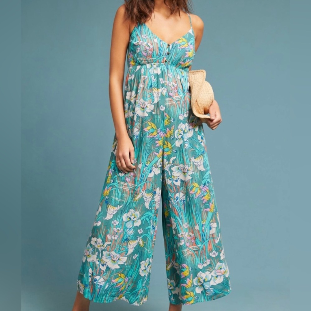 Anthropologie Teal and White Floral Jumpsuit